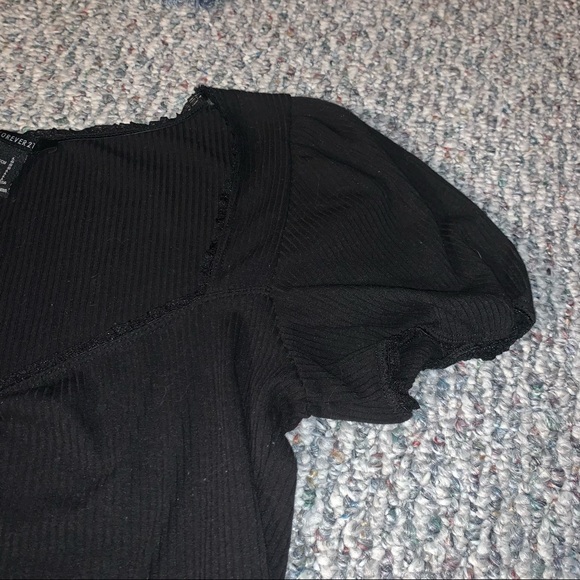 Black ribbed balconette style lace trim poof sleeve top - Picture 2 of 3